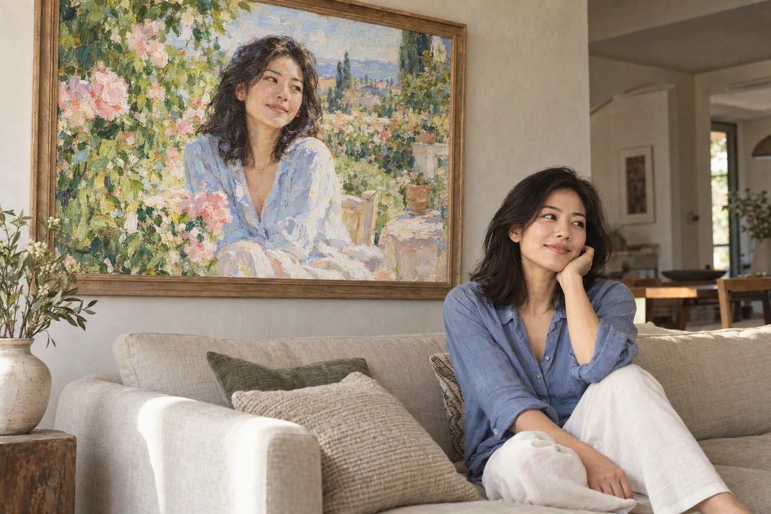 Generated mockup of a woman seated on a sofa beside an Impressionist garden portrait of herself in an oak frame.