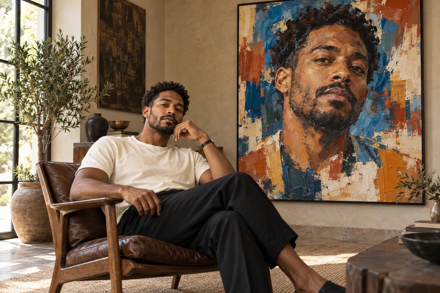 Generated mockup of a man seated in a lounge chair beside a large, colorful modern painted portrait of himself.