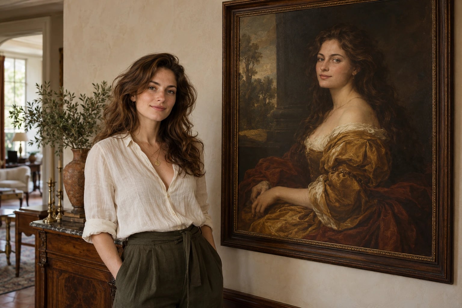 Generated mockup of a woman standing beside a large Renaissance-style painting of herself in a warm, sunlit home.